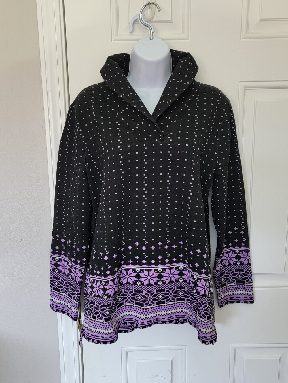 Talbots Black Purple Faire Isle Shawl Collar Lightweight Sweater Size Large